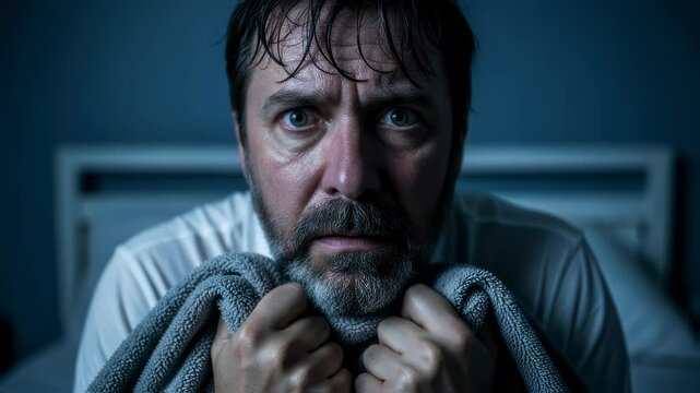 Man suffering from a terrifying nocturnal nightmare, clutching a towel in fear and angst in his bed, fear concept footage.