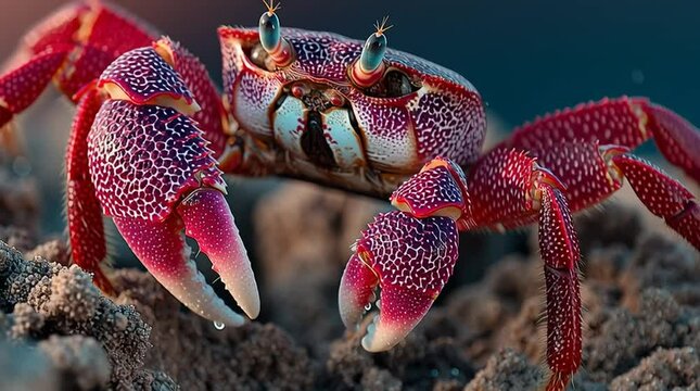 Extreme close-up of a crab&rsquo;s claw poking out of a tidal crevice, detailed texture and wet sheen highlighted in natural morning light