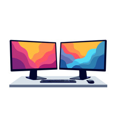 Dual computer monitors with vibrant abstract backgrounds on desk  