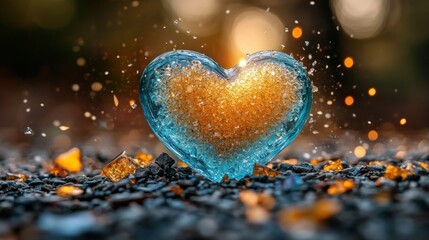 Fototapeta premium Heart-shaped, blue, glass orb, golden inner light, on dark pebbles