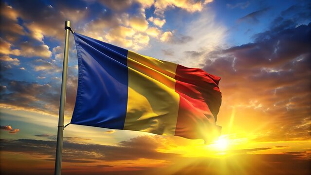 flag of Romania with sunset