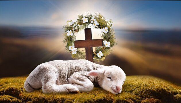 corderito durmiendo frente a una cruz y una corona de flores