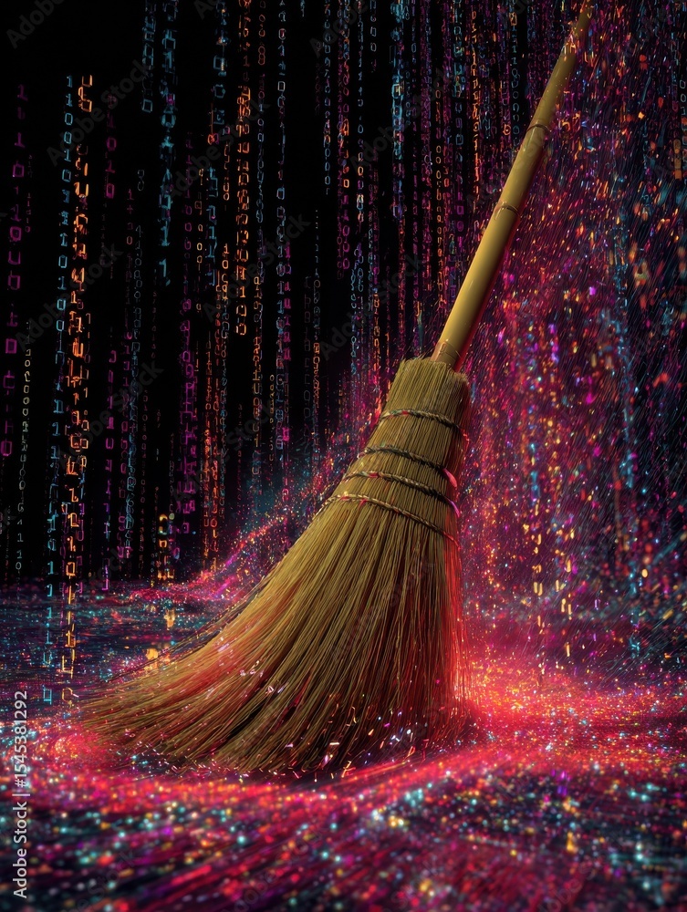 Aufkleber vibrant digital scene depicting a broom sweeping away binary code for cybersecurity data cleansing