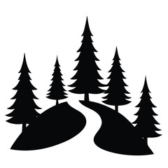 Obraz premium Silhouette of Winding Path Through Evergreen Forest, Black and White Landscape Illustration