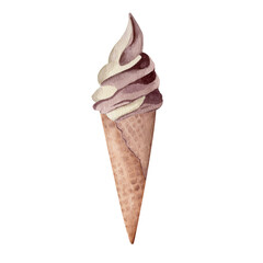 Hand drawn illustration of watercolor vanilla and chocolate ice cream in waffle cone, isolated on white background.