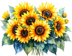 Watercolor sunflower bouquet, transparent background