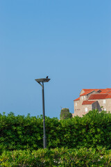 A fragment of the stone medieval fortress of Sveti Stefan island-hotel, on the Adriatic coast, Montenegro. Details. Vertical