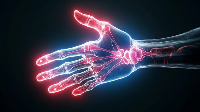 Detailed anatomical illustration of a human hand showcasing bones and joints with glowing highlights