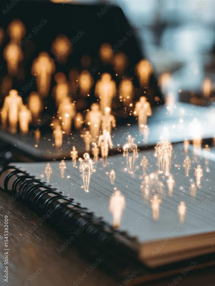 Aufkleber close up of notebook on desktop with creative glowing connected people icons on blurry background. p