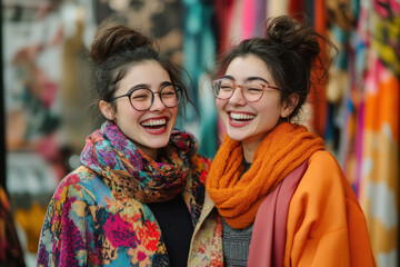 women in colorful scarves and glasses chatting outdoors, surrounded by blooming flowers and a serene park setting.