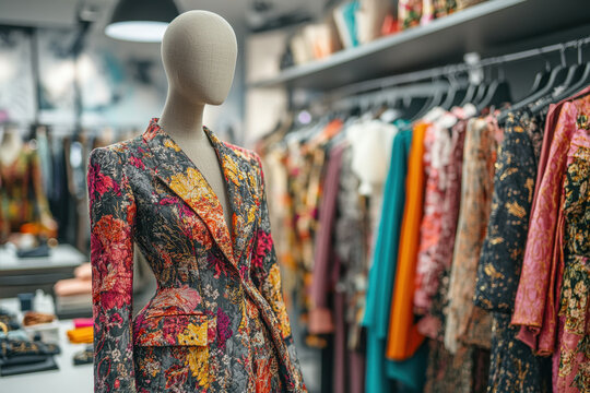 Mannequin adorned in elegant evening gown, standing amidst a bustling clothing store, with vibrant displays and shoppers in the background.