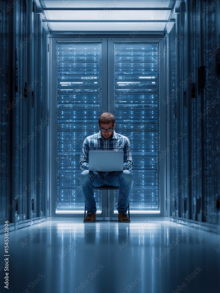 Poster programmer or computer engineer working on a laptop with server room, it, technology and database. c