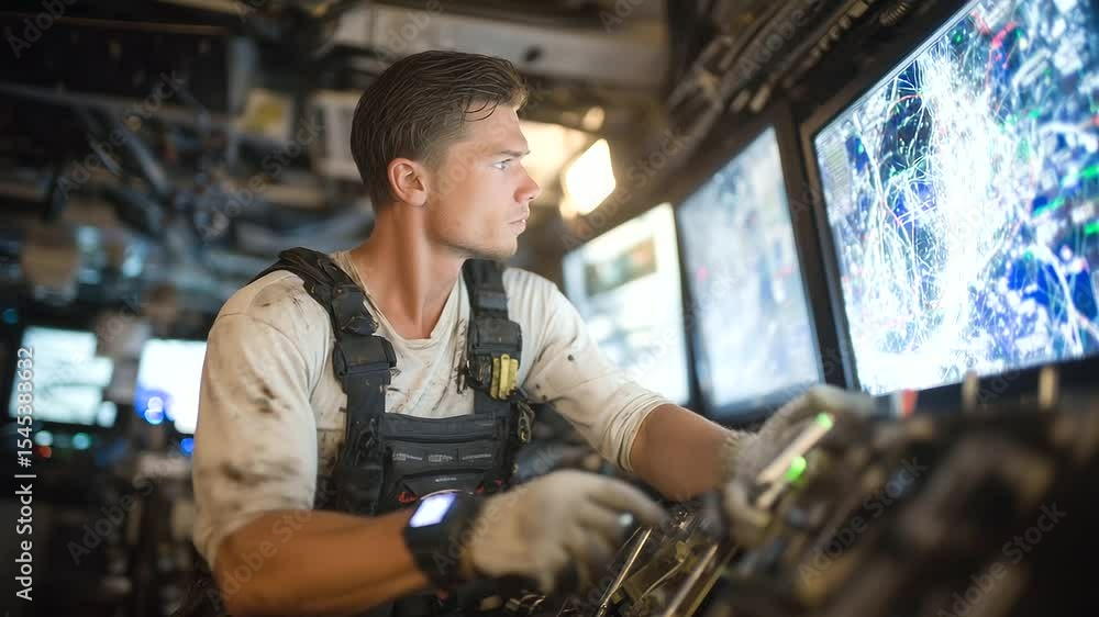 Poster technician operates diagnostic instruments on his forearm display while illuminating a metallic acce