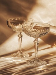 Obraz premium Minimalist Crystal Champagne Coupes Reflections Shadows Neutral Background Light Photography Vintage Stemware Sophisticated Lighting Elegant Interior Decor Stylish Ambience,sparkling,water,wine,luxur