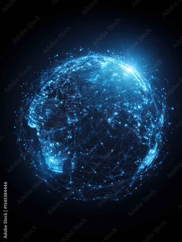 Poster abstract blue glowing globe with lines and dots representing the network and connection on a dark ba