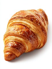 a fresh, golden-brown croissant with layers of flaky dough on a white isolated background, buttery and delicious design