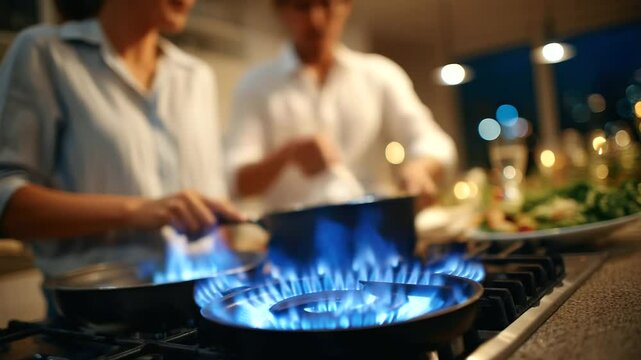 Vibrant blue flames on a modern gas stove, woman stirring pot as man sets table in cozy kitchen with warm lighting