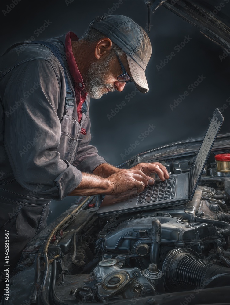Poster computer diagnostics. an automotive mechanical technician using laptop computer programming. car mai