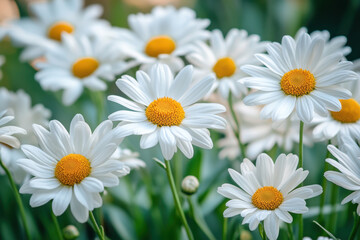 White flowers with yellow centers against a vibrant green backdrop, under a clear blue sky.