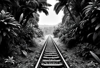 Black and white vector illustration of a dense, overgrown railway track disappearing into a jungle landscape, dark, train