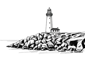 Black and white vector illustration of a lighthouse on a rocky sea coast, sketched landscape, dramatic, landscape