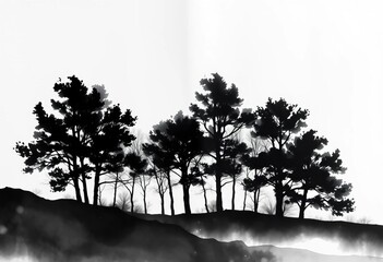 Black ink wash painting, minimalist landscape; stark black trees against pale wash, evokes eternity,  eternity,   ink painting