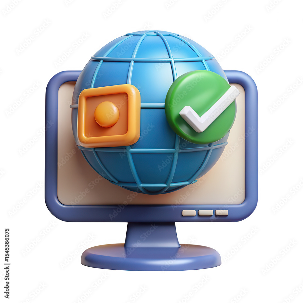 Poster computer with globe and check mark isolated on transparent background