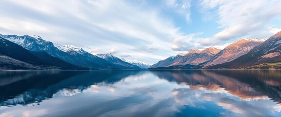 Calm alpine lake reflecting mountains, tranquil sky, nature, drawing