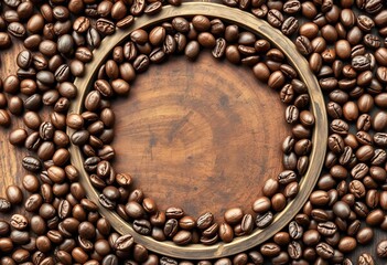 Circular frame of roasted coffee beans, rustic background,  coffee shop, coffee beans
