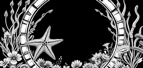 Circular frame, two starfish, aquatic plants, black & white illustration,   invertebrate,  aquatic plants
