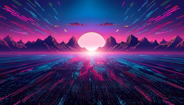 glitch pixel dark landscape background with a 8bit retrowave feel