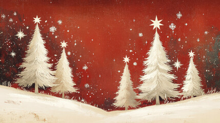 Naklejka premium Snowflakes fall gently over white Christmas trees against a red background in winter