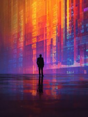 Market Strategist: A lone figure, silhouetted against a massive screen displaying dynamic financial data, embodies the intensity and complexity of the modern market. The vibrant.