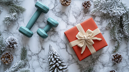 Turquoise dumbbells rest beside a red gift amidst frosted pine and pinecones on marble