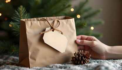 Hand Holding Brown Paper Gift Bag with Blank Tag and Pine Cone