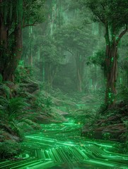 A vibrant green forest blends with technological circuitry, symbolizing the fusion of nature and technology.