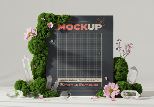 Vertical Page Poster Mockup with Grass Flowers and Cristals Stand Scene
