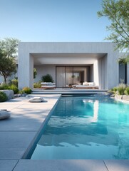 Fototapeta premium Contemporary summer house with a sleek pool surrounded by minimalist landscaping