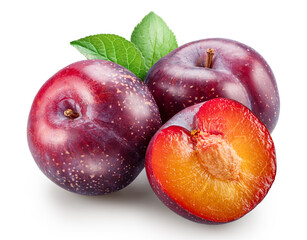 Obraz na płótnie Canvas Ripe chinese plums with green leaf isolated on white background. File contains clipping paths.