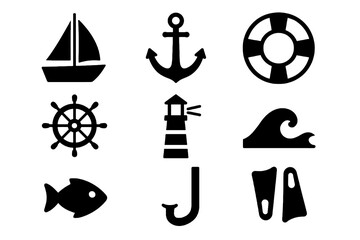 Marine icon collection featuring sailboat, anchor, lifebuoy, lighthouse, fish, wave, flippers, and ship wheel in solid design. © VectorGomes