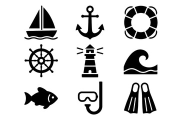 Marine and diving icon set with anchor, goggles, flippers, sailboat, lighthouse, and wave symbols in bold vector style. © VectorGomes