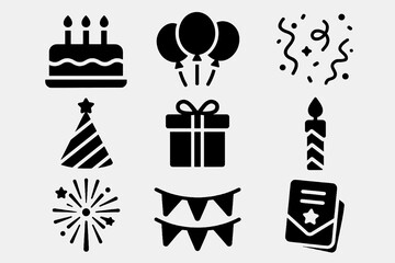 Party icon set with birthday cake, balloons, confetti, hat, gift box, candle, fireworks, and bunting in bold style.