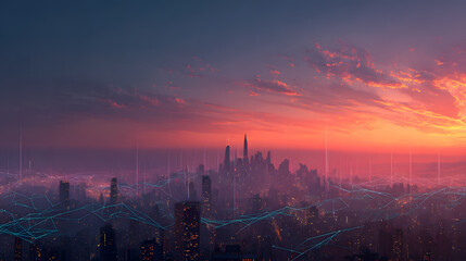 Obraz premium Futuristic Cityscape Twilight Panoramic View Orange Sky Neon Lines