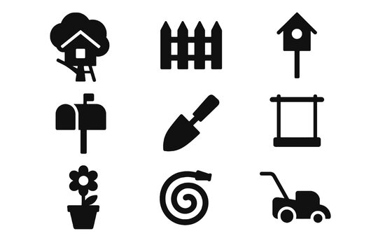 Garden icon set featuring swing, birdhouse, trowel, hose, flowerpot, fence, and lawn mower for backyard visuals.