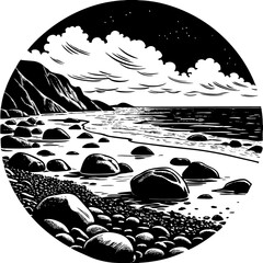Black and white rocky beach landscape with clouds and ocean view