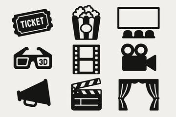 Movie and entertainment icon set featuring ticket, popcorn, camera, film reel, curtain, and clapperboard in bold vector style.