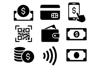 Payment and finance icon set with digital wallet, card, currency, contactless payment, and QR code symbols in bold black style.