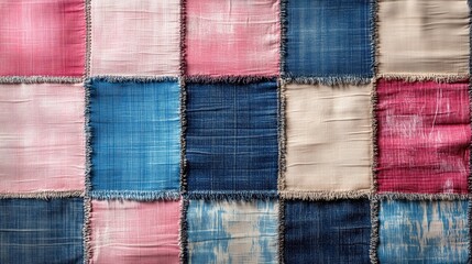 Textured patchwork pattern of denim fabric in various shades of blue and red