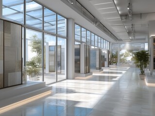 Fototapeta premium Modern bright corridor in a commercial building with large windows and potted plants