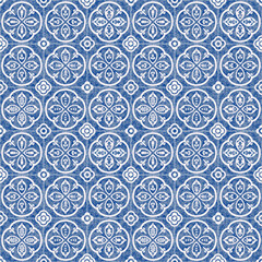 Seamless pattern of blue and white tiles with watercolor texture, geometrical and floral ornaments 